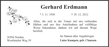 Traueranzeige von Gerhard Erdmann von Ostfriesischer Kurier