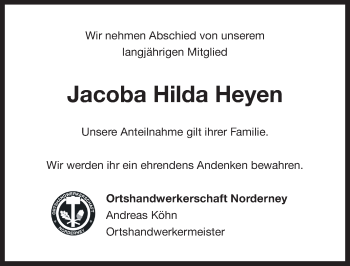 Traueranzeige von Jacoba Hilda Heyen von Ostfriesischer Kurier