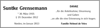 Traueranzeige von Suntke Grensemann von Ostfriesischer Kurier