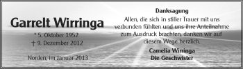 Traueranzeige von Garrelt Wirringa von Ostfriesischer Kurier