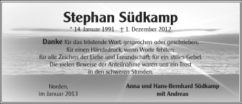 Traueranzeige von Stephan SÃ¼dkamp von Ostfriesischer Kurier
