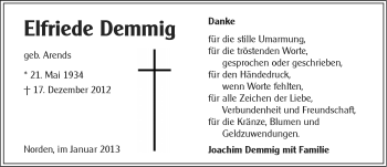 Traueranzeige von Elfriede Demmig von Ostfriesischer Kurier