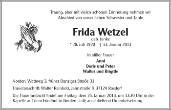 Traueranzeige von Frida Wetzel von Ostfriesischer Kurier