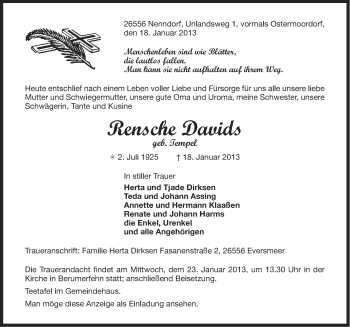 Traueranzeige von Rensche Davids von Ostfriesischer Kurier