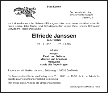 Traueranzeige von Elfriede Janssen von Ostfriesischer Kurier