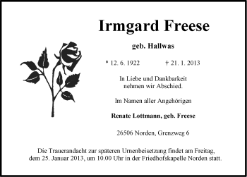 Traueranzeige von Irmgard Freese von Ostfriesischer Kurier