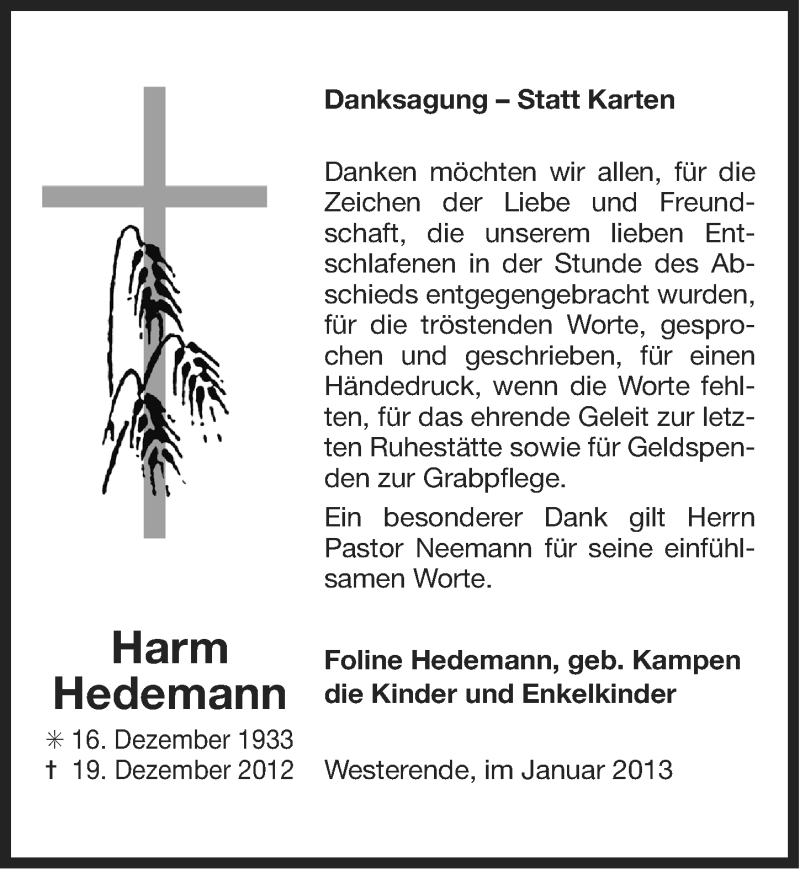  Traueranzeige für Harm Hedemann vom 26.01.2013 aus Ostfriesischer Kurier