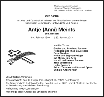 Traueranzeige von Antje  Meints von Ostfriesischer Kurier