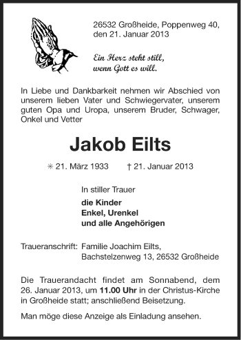 Traueranzeige von Jakob Eilts von Ostfriesischer Kurier