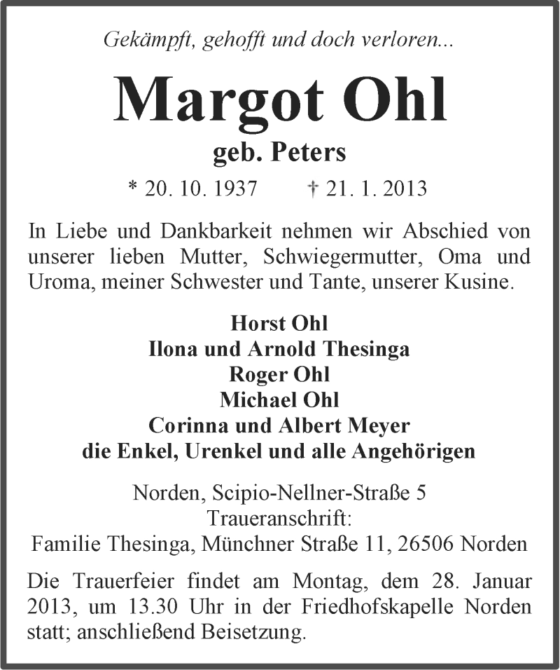  Traueranzeige für Margot Ohl vom 23.01.2013 aus Ostfriesischer Kurier