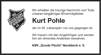 Traueranzeige von Kurt Pohle von Ostfriesischer Kurier