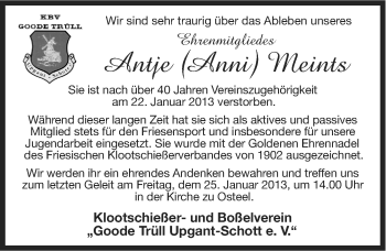 Traueranzeige von Antje  Meints von Ostfriesischer Kurier