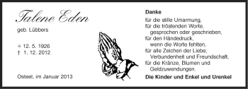 Traueranzeige von Talene Eden von Ostfriesischer Kurier