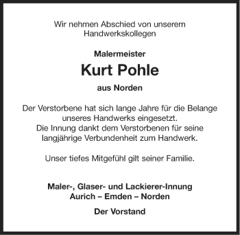 Traueranzeige von Kurt Pohl von Ostfriesischer Kurier