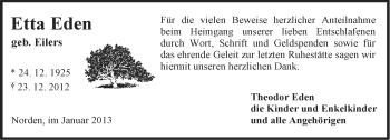 Traueranzeige von Etta Eden von Ostfriesischer Kurier