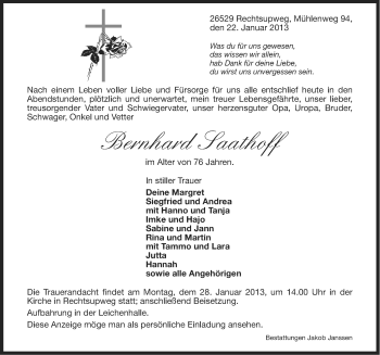 Traueranzeige von Bernhard Saathoff von Ostfriesischer Kurier