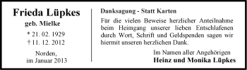 Traueranzeige von Frieda Lüpkes von Ostfriesischer Kurier