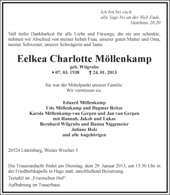 Traueranzeige von Eelkea Charlotte Möllenkamp von Ostfriesischer Kurier
