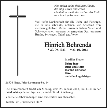 Traueranzeige von Hinrich Behrends von Ostfriesischer Kurier