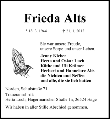 Traueranzeige von Frieda Alts von Ostfriesischer Kurier