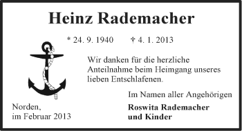 Traueranzeige von Heinz Rademacher von Ostfriesischer Kurier