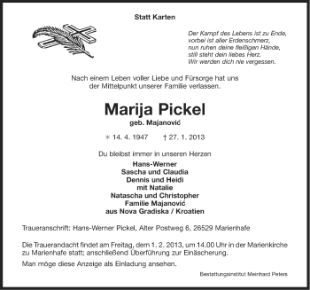Traueranzeige von Marija Pickel von Ostfriesischer Kurier