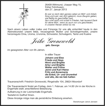 Traueranzeige von Jeike Gronewold von Ostfriesischer Kurier