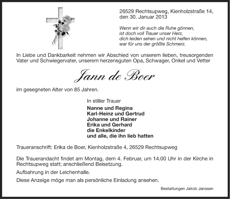  Traueranzeige für Jann de Boer vom 31.01.2013 aus Ostfriesischer Kurier