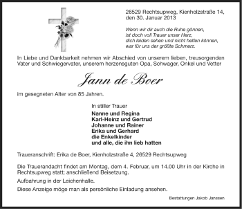 Traueranzeige von Jann de Boer von Ostfriesischer Kurier