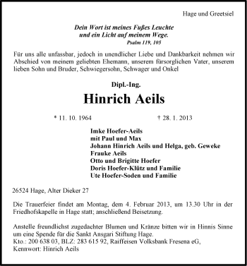 Traueranzeige von Hinrich Aeils von Ostfriesischer Kurier