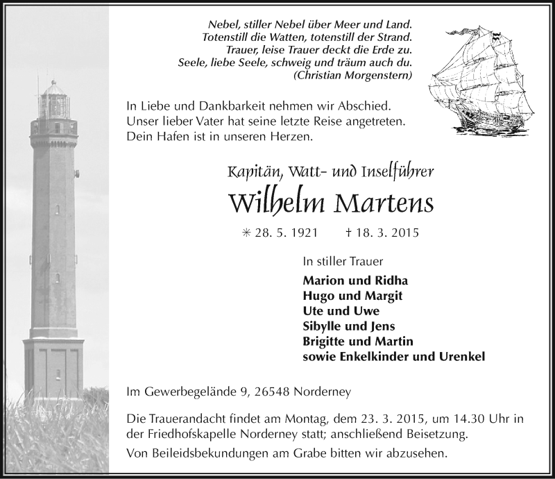  Traueranzeige für Wilhelm Martens vom 20.03.2015 aus Ostfriesischer Kurier