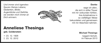 Traueranzeige von Anneliese Thesinga von Ostfriesischer Kurier