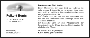 Traueranzeige von Folkert Bents von Ostfriesischer Kurier