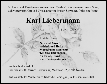 Traueranzeige von Karl Liebermann von Ostfriesischer Kurier