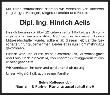 Traueranzeige von Hinrich Aeils von Ostfriesischer Kurier