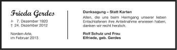 Traueranzeige von Frieda Gerdes von Ostfriesischer Kurier