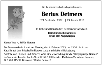 Traueranzeige von Bertus Detmers von Ostfriesischer Kurier