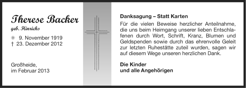  Traueranzeige für Therese Backer vom 02.02.2013 aus Ostfriesischer Kurier