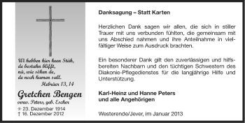 Traueranzeige von Gretchen Bengen von Ostfriesischer Kurier