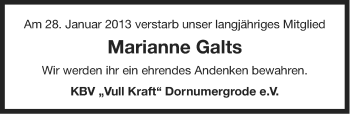 Traueranzeige von Marianne Galts von Ostfriesischer Kurier