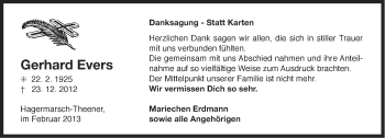 Traueranzeige von Gerhard Evers von Ostfriesischer Kurier