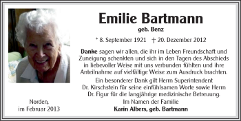Traueranzeige von Emilie Bartmann von Ostfriesischer Kurier