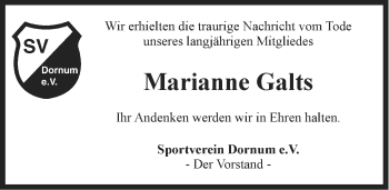 Traueranzeige von Marianne Galts von Ostfriesischer Kurier