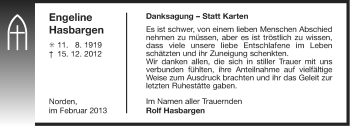 Traueranzeige von Engeline Hasbargen von Ostfriesischer Kurier
