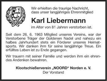 Traueranzeige von Karl Liebermann von Ostfriesischer Kurier
