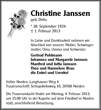 Traueranzeige von Christine Janssen von Ostfriesischer Kurier