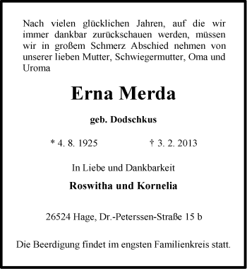 Traueranzeige von Erna Merda von Ostfriesischer Kurier