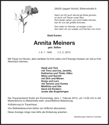 Traueranzeige von Annita Meiners von Ostfriesischer Kurier