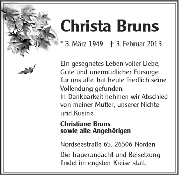 Traueranzeige von Christa Bruns von Ostfriesischer Kurier