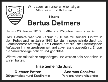 Traueranzeige von Bertus Detmers von Ostfriesischer Kurier